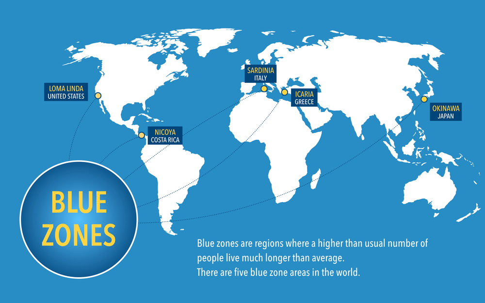 Karte der Blue Zones - wo Longevity gelebt wird.